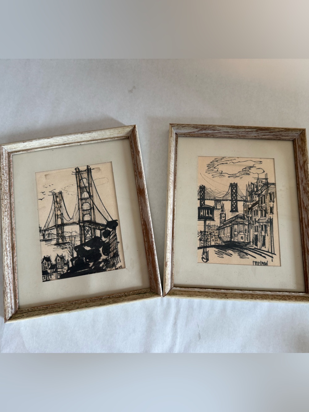 Framed Vintage Bridge Sketch Wall Art - Beige and Black